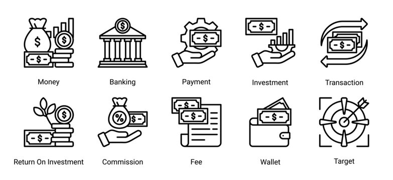 Investment and banking icon set with line icons for money,payment,transaction,ROI,and financial targets.Perfect for fintech,banking apps,and financial services.