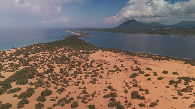 High Altitude Drone Panorama of Issos Beach Sandy Spit and Korission Lagoon