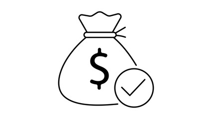 Guaranteed Payment and Financial Security Editable Stroke Vector Icon. Minimalist black line illustration of a money bag with a dollar sign and checkmark symbol for business and banking apps. © Fahad
