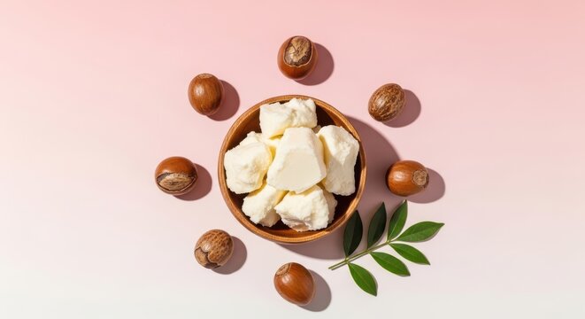 Shea butter chunks in a wooden bowl surrounded by shea nuts and green leaves on a soft pink gradient background