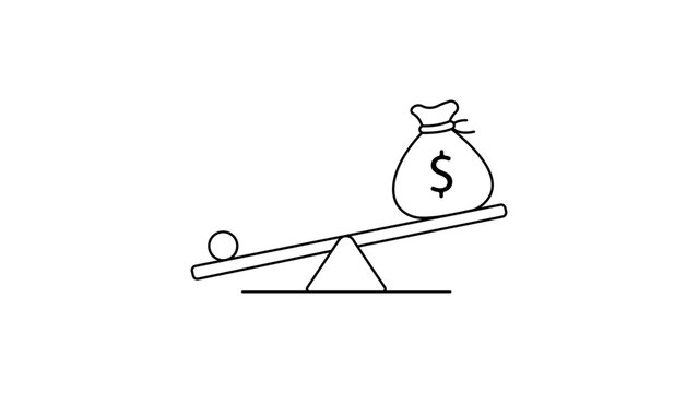 Leverage Finance Minimalist Black Line Vector Icon on a White Background Representing a Lever Lifting a Money Bag, Business Investment Concept with Editable Stroke and Scalable Outline Illustration