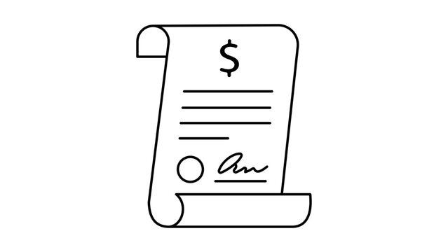 Loan Agreement and Financial Contract Minimalist Black Line Vector Icon with Editable Stroke; Scrolled Paper Document with Dollar Sign, Signature, and Seal for Business and Banking Concepts.