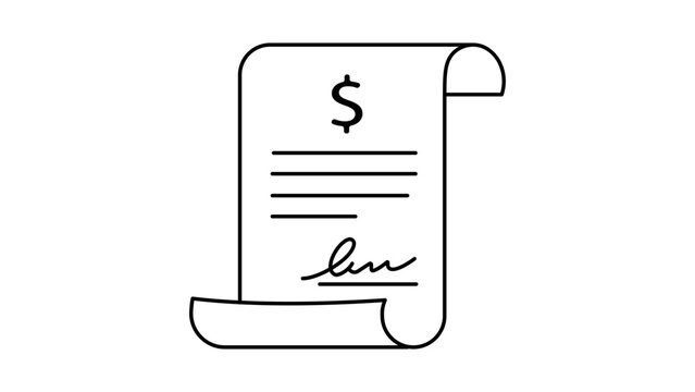 Loan Agreement and Financial Contract Minimalist Black Line Vector Icon on White Background, Featuring a Scrolled Document with Dollar Sign and Signature, Editable Stroke Graphic Illustration.