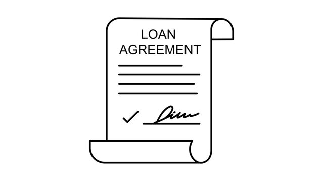 Loan Agreement Document with Signature and Checkmark, Minimalist Black Line Vector Icon on White Background, Professional Financial Contract Illustration with Editable Stroke for Business.