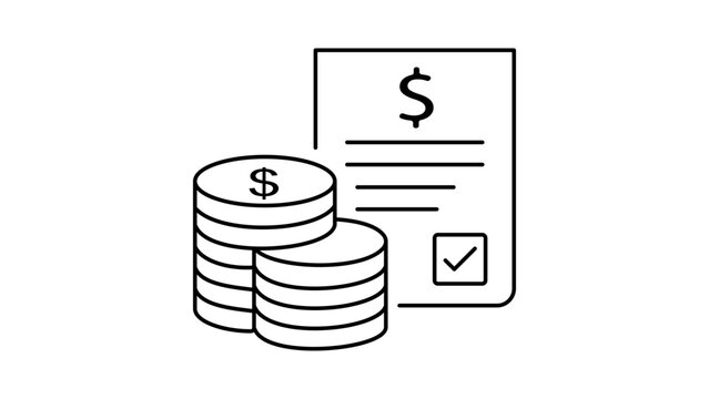Payroll System and Financial Billing Editable Stroke Vector Icon. Minimalist black line illustration of dollar coins and a paid invoice with a checkmark for business and accounting services.
