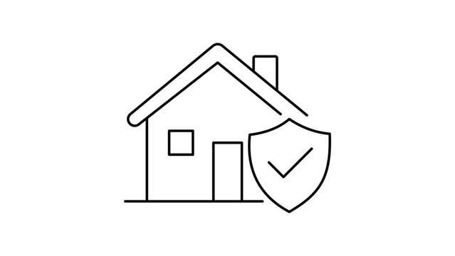 Property Insurance and Home Security Editable Stroke Vector Icon. A minimalist black line illustration of a house protected by a shield with a checkmark, symbolizing safety and coverage.