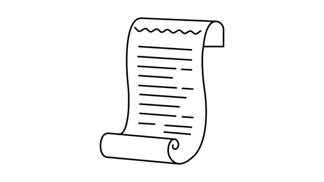 Receipt Paper Scrolled Document Minimalist Black Line Vector Icon on White Background. This Editable Stroke Vector Icon represents a long bill, invoice, or list with a clean outline design.