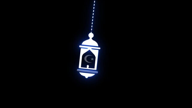 Glowing Blue Islamic Lantern with Crescent Moon and Star on Black Background Ramadan lantern Eid lantern