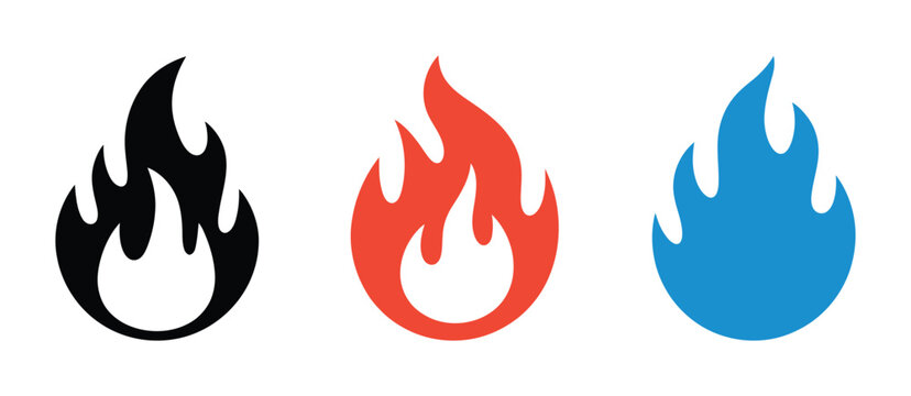Flame icon, three color fire symbols, heat energy elements, vibrant burning graphics, temperature concept, abstract vector illustration