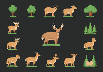 Fototapeta premium A digital illustration of various deer and trees on grass