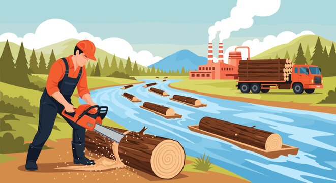 Strong lumberjack using a chainsaw to cut a large tree trunk in a forest near a river with logs floating downstream.