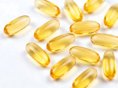 Close-up of Yellow Softgel Capsules on White Background
