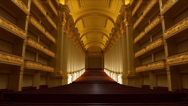 パフォーマンス向けゴールド照明のクラシックコンサートホール建築