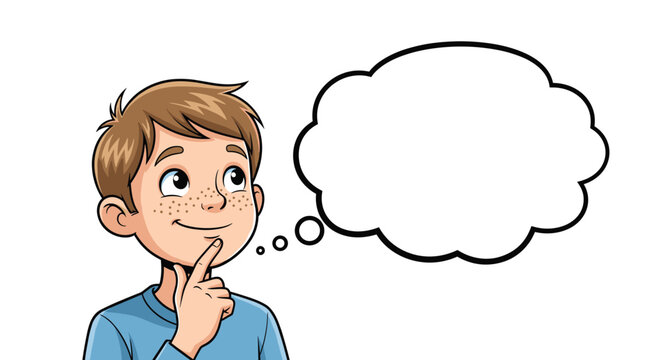 Young boy with freckles looking upwards thoughtfully with a large blank thought bubble above his head for creative ideas.