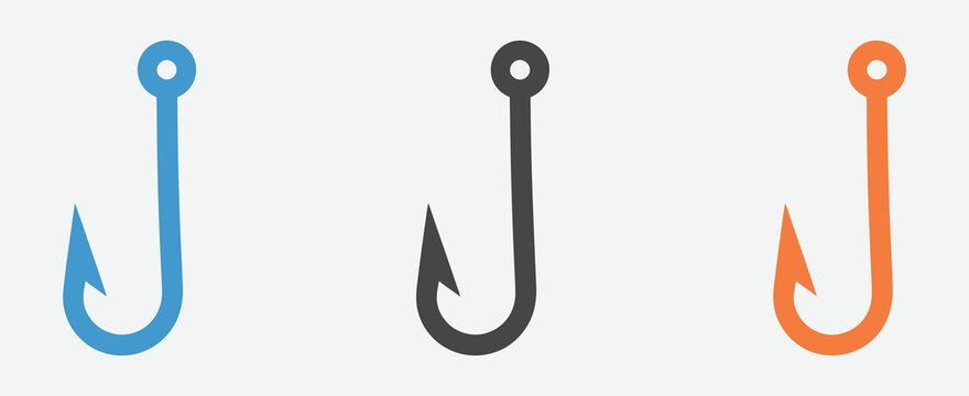 Hook icon, meat fish angling symbols, various fishing hook shapes, industrial butcher tools, outline silhouette styles, vector illustration