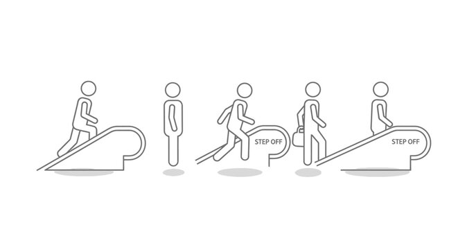 Minimalist line drawing depicts five stick figures ascending and disembarking an escalator conveying upward movement