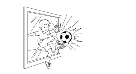 Obraz premium Mischievous boy accidentally kicks a soccer ball through a glass window pane causing it to shatter in this action-filled line art scene.