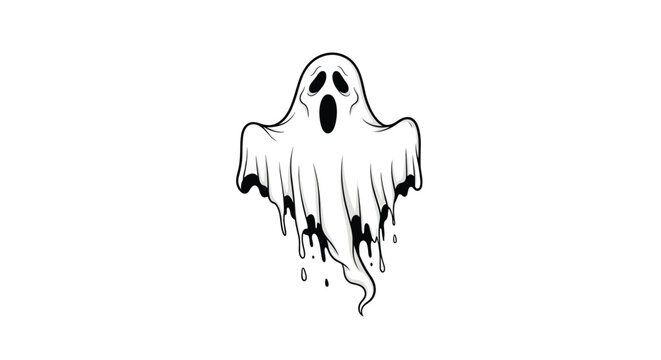 Spooky white ghost with black eyes and a large gaping mouth floats in the air with dripping liquid effects for Halloween decoration.