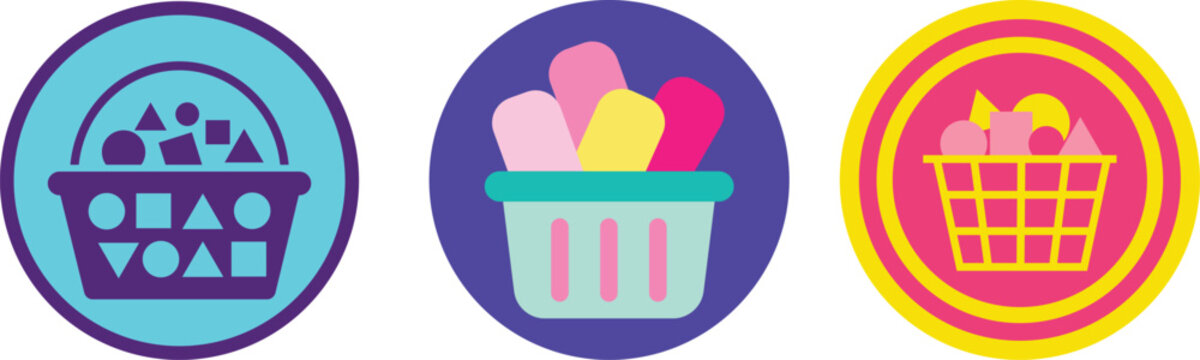Colorful shopping basket icons set, flat vector grocery hamper illustrations, vibrant retail store symbols for e-commerce and marketing apps