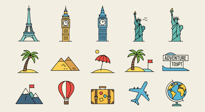 Colorful icons of landmarks and travel symbols
