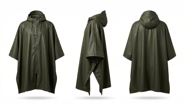 Olive green waterproof poncho with hood.
