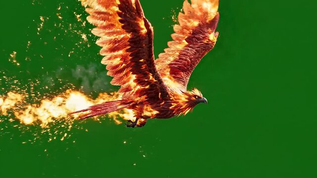 Blazing Eagle, Flaming Bird, Fire Wings, Green Background 4k video ai