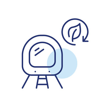 Subway train on rails, leaf and renew arrow. Sustainable urban transportation. Pixel perfect, editable stroke vector icon