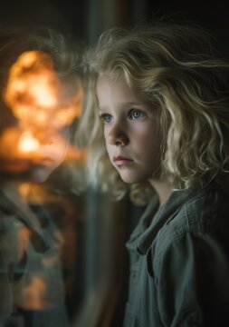 Child traumatized by war and distant explosions, lifelong psychological impact, civilian perspective on conflict, fear, destruction and human cost, emotional documentary style, cinematic realism