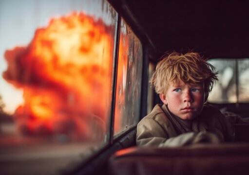 Child traumatized by war and distant explosions, lifelong psychological impact, civilian perspective on conflict, fear, destruction and human cost, emotional documentary style, cinematic realism