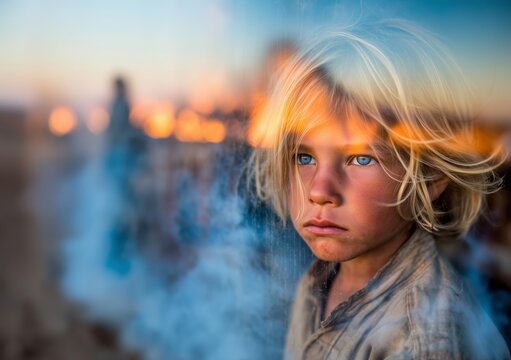Child traumatized by war and distant explosions, lifelong psychological impact, civilian perspective on conflict, fear, destruction and human cost, emotional documentary style, cinematic realism