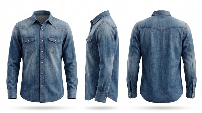 Denim shirt in three views.