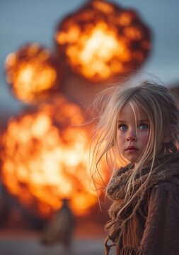 Child traumatized by war and distant explosions, lifelong psychological impact, civilian perspective on conflict, fear, destruction and human cost, emotional documentary style, cinematic realism