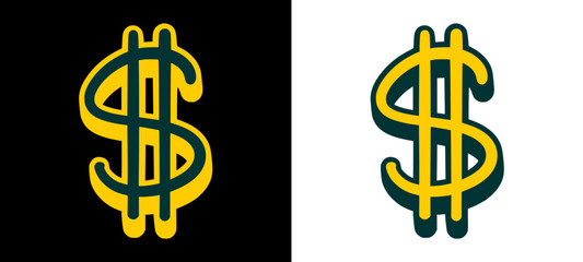 A striking dollar sign symbol with a bold black outline and vibrant yellow fill. This hand style graffiti tag design looks like a fresh street art sticker with a clean 3D effect. © dirtyfellas