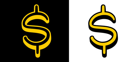 Gold themed dollar sign featuring a thin black outline and urban hand style lettering. This street art icon represents wealth and hustle with a clean, high-contrast aesthetic. © dirtyfellas