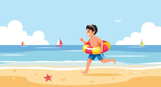 Happy boy in blue trunks runs along the sandy beach with a colorful life ring under his arm on a bright and sunny day.
