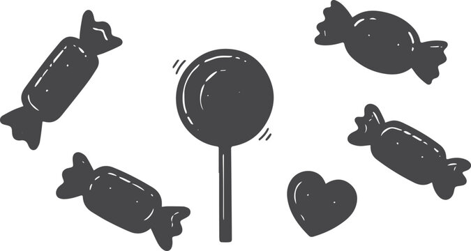 Black silhouette candies and lollipop on white