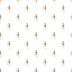Fototapeta premium Young boy practicing soccer skills, juggling football in a repeating pattern