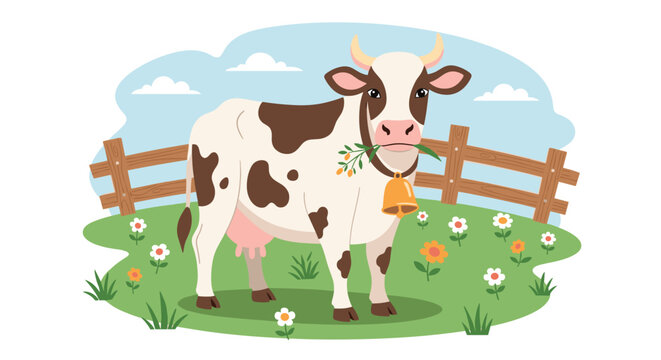 Brown and white spotted cow with golden bell around neck grazing in green pasture field with spring flowers and blue sky background.