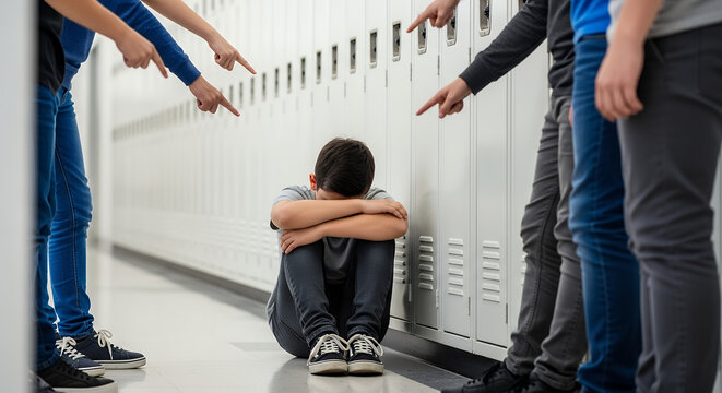 School Bullying Concept, Group of Students Pointing at Sad Boy Sitting Alone Near Lockers, Teen Mental Health and Social Problem Theme