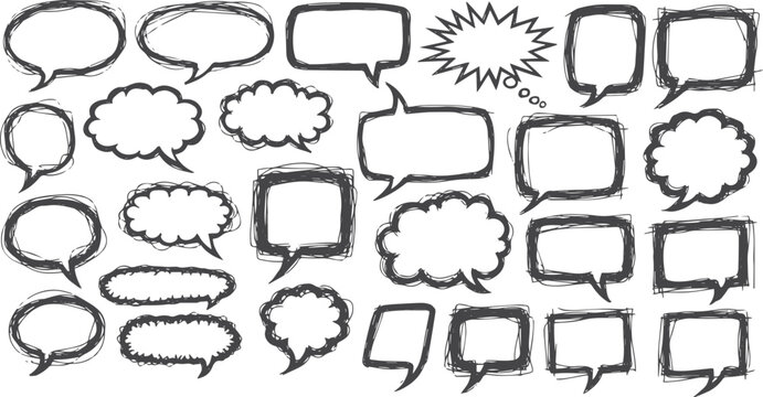 Collection of hand-drawn black speech bubbles and thought clouds