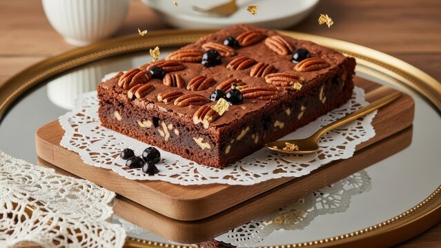 Gourmet chocolate brownie topped with pecans, blueberries, and gold leaf on a wooden board and golden tray