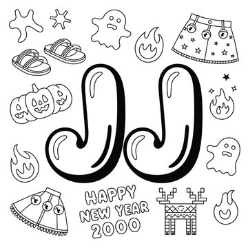 Letter j doodle set with y2 k aesthetic ghosts, skirts, and happy new year 2000 text