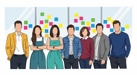 Obraz premium Teamwork with Colorful Sticky Notes: A diverse group of colleagues stand shoulder-to-shoulder.