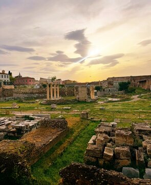 Doric columns located on the territory of the Ancient Roman Agora of Athens, Greece