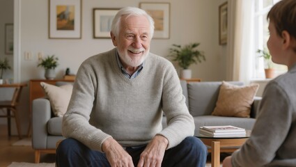 Fototapeta premium Smiling senior man talking with child at home