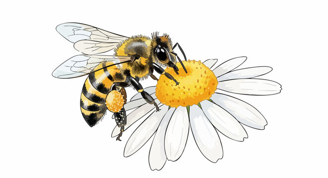 Honey bee on daisy flower vector illustration, realistic honeybee collecting pollen on white chamomile, garden insect and floral nature element
