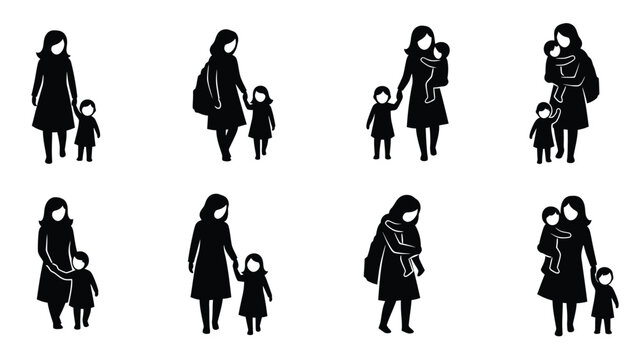 Mother child walking together hand in hand parent and kid silhouette walking side by side parent child care.