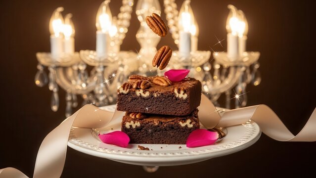 Stacked chocolate brownies with pecans and rose petals on a white plate with a chandelier background