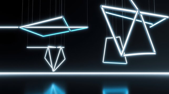Neon lines form geometric shapes suspended in darkness. Reflections create mirrored effects below, emphasizing abstract design.
