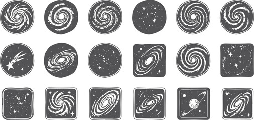 Set of stylized black and white galaxy and star © miht3325